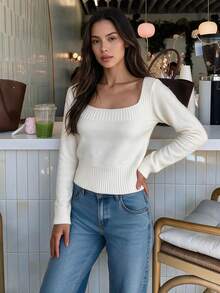 QUNGIGU Women Square Neck Sweater Ribbed Hem Basic Casual Knit Top For Fall Winter Daily Commuting Going Out Dating - White - View 5