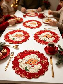 1/2/4pcs Linen Round Placemats, With Santa Claus And Christmas Snowflake Pattern, 38cm Diameter Large Size Round Family Gathering Dining Mats, Christmas Tree Snowflake Gift Pattern, Christmas Print, Suitable For Kitchen And Dining Room Decoration, Christmas Holiday Family Party Gathering Use, Utensils Not Included - Santa Claus - View 3