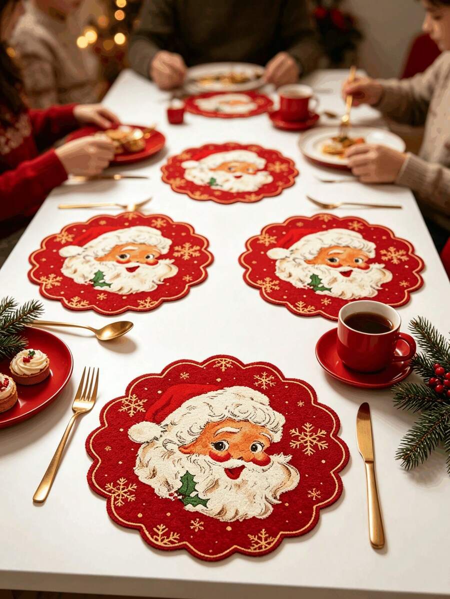 1/2/4pcs Linen Round Placemats, With Santa Claus And Christmas Snowflake Pattern, 38cm Diameter Large Size Round Family Gathering Dining Mats, Christmas Tree Snowflake Gift Pattern, Christmas Print, Suitable For Kitchen And Dining Room Decoration, Christmas Holiday Family Party Gathering Use, Utensils Not Included