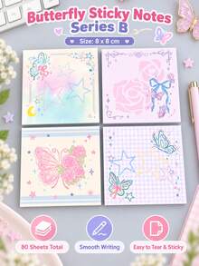 4pcs Multicolor Butterfly & Rose Sticky Notes, 80 Sheets, Cute Memo Pads For Journaling, Study, School & Office - one-size - View 9