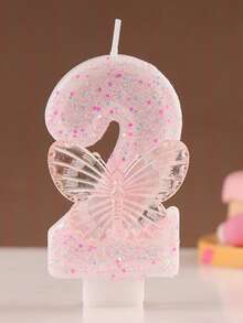 1pc Numeric Birthday Candle, Butterfly Birthday Cake Candle, Pink Glitter Cake Decor, Suitable For Girls And Women Anniversary Celebration - Pink - View 4