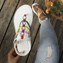 Sandal Datar Roman Tenun Bohemian Musim Panas Wanita dengan Hiasan Berlian Imitasi, Sepatu Serbaguna Gaya Liburan Kasual - Putih - View 6