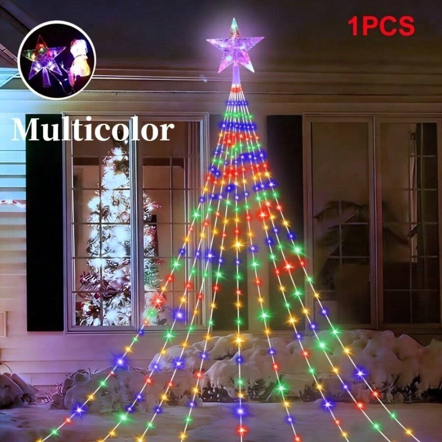 Christmas Outdoor Night Scene Decorative Lights, Solar Powered Christmas Tree Star Waterfall Lights. Top Features Exquisite Five-Pointed Star Light Head, 2M Specification, 9 Strands Of Light Lines With 198 LED Beads, Warm, Colorful, White Three Light Colors Available. Light Lines Naturally Drape To Form Waterfall Style, Presents Complete Christmas Tree Shape After Hanging, Excellent Atmosphere.