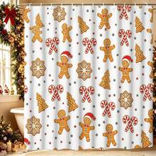 1/4 Piece Bathroom Curtain Set, Includes Non-Slip Rug, Toilet Lid Cover And Bath Mat, Christmas Gingerbread Man Candy Cane Snowflake Pattern Waterproof Shower Curtain, With 12 Hooks, Suitable For Bathroom, Size 70.8*70.8 Inches - A - View 20