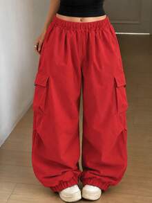 1pc Tween Girls Outdoor Street Casual Solid Color Cargo Pants - Red - View 8
