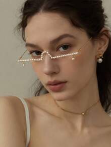 1pc Pearl Decorated Lensless Frame, Half-Rim Glasses With Hanging Pearl Pendant, Women's Fashion Party Photo Prop Facial Accessory - Pearl - View 1