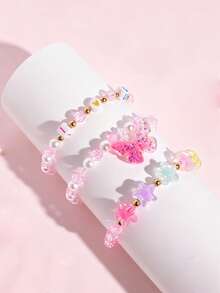 3pcs/Set Girls Heart Flower Butterfly Pendant Charm Multicolor Beaded Bracelet Children Jewelry Holiday Party Birthday Gift Daily Wear - one-size - View 10