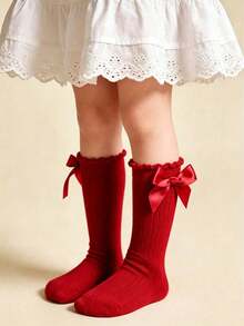1 Pair Girls' Toddler Bow Knot Solid Color High Tube Socks, School Style Long Socks - Red - View 2