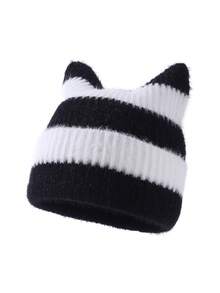 1pc Men's Fashion Cute Ear-Shaped Striped Short Fur Beanie Knit Hat, Suitable For Autumn/Winter Warmth, Daily Wear And Outfits - A - View 12