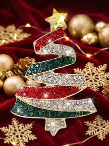 European Style Rhinestone Christmas Tree Brooch, Wavy Layered Five-Pointed Star Tree-Shaped Pin, Holiday Decorative Accessory For Sweaters, Coats And Bags,Christmas Deocrations,Thanksgiving Decorations For Home,Wedding Decoration,Stocking Stuffers - View 2