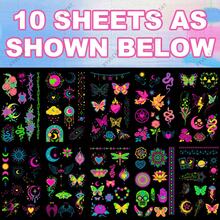 10 Sheets UV Reactive Temporary Tattoos, Neon Blacklight Glow Tattoos With Butterfly, Flower, Moon, Snake & Skull Designs, Colorful Body Art Stickers For Parties, Festivals, Raves & Night Events - Multicolor - View 9