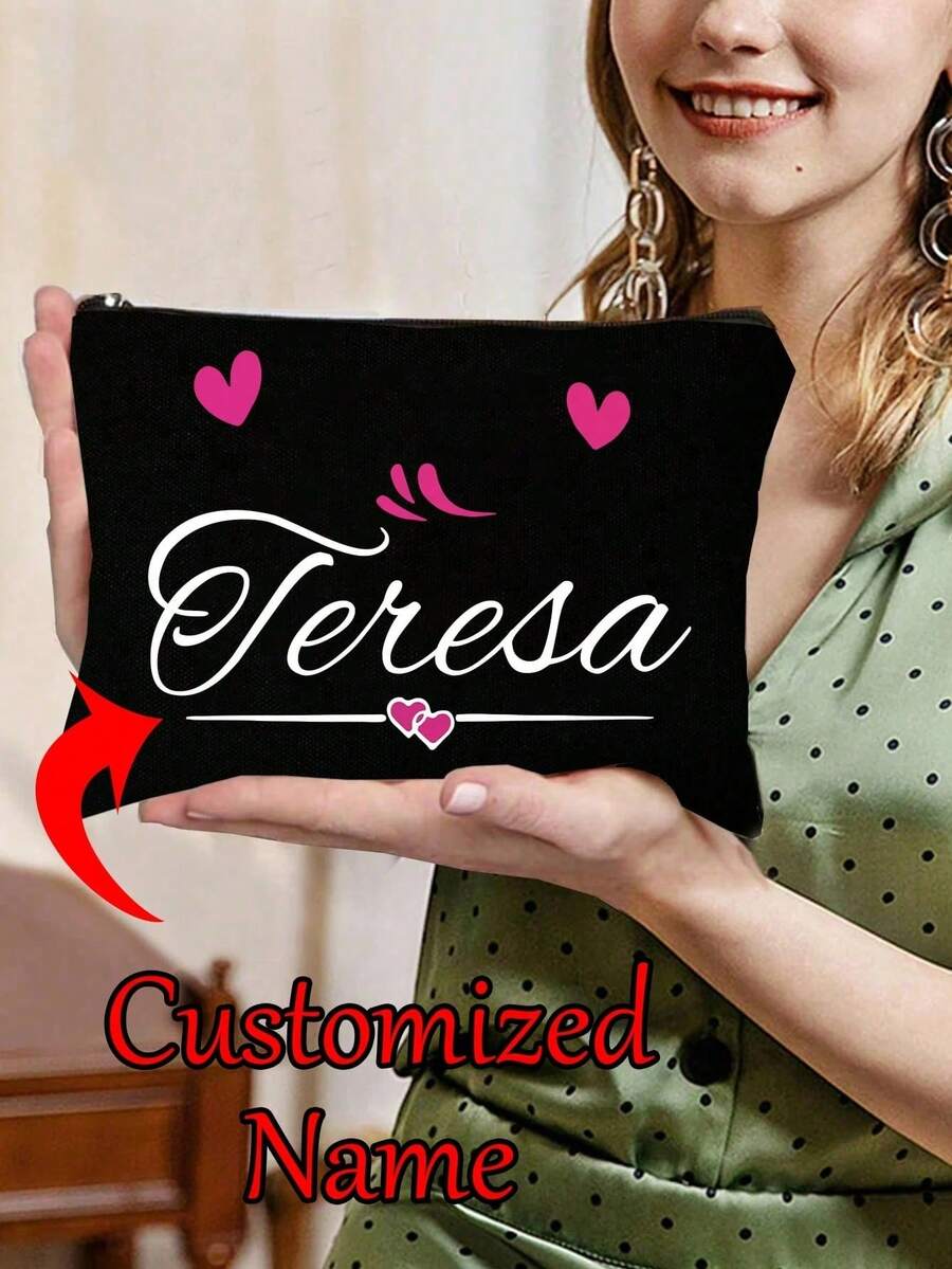 Customizable Heart Pattern Makeup Bag With Personalized Name, Storage Pouch, Charming New Year Gift - Multicolor - View 1