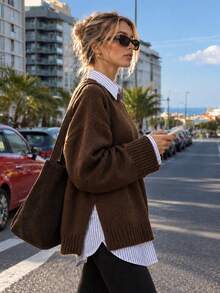 New Women's Square Round Neck Brown Ribbed Collar Pullover Knit Sweater, Casual Everyday Versatile - Brown - View 1