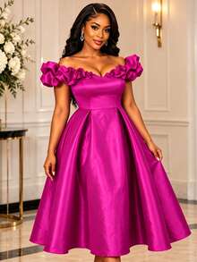 AOMEI Women's Princess Style Creamy Magenta Pleated Cold Shoulder 3D Ruffle A-Line Dress, Suitable For Birthday Parties And Proms - Hot Pink - View 2