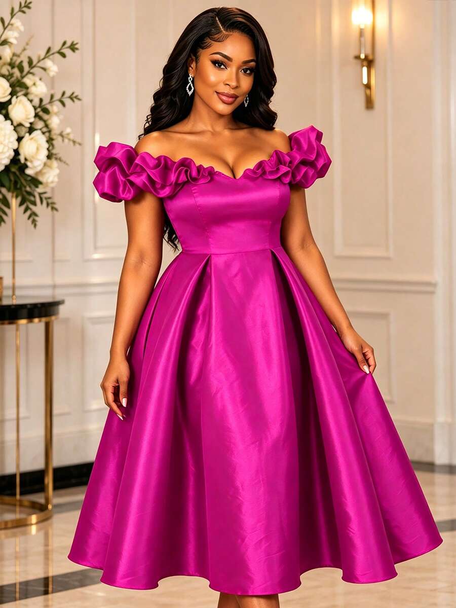 AOMEI Women's Princess Style Creamy Magenta Pleated Cold Shoulder 3D Ruffle A-Line Dress, Suitable For Birthday Parties And Proms