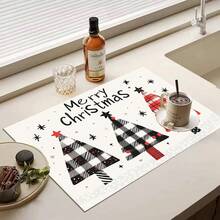 1pc Christmas Series Red & Black Plaid Cartoon Christmas Tree Pattern Printed Coffee Bar Mat, Drainage Mat, Coffee Machine Soft Bottom Diatomaceous Earth Drainage Mat, Soft Rubber Drainage Mat, Super Absorbent Wear-Resistant Dish Drying Mat, For Countertop Restaurant Kitchen Table Mat, Patio Dining Table Decor, Home Kitchen Supplies, Countertop Decorative Mat - Multicolor - View 8