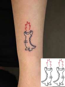 1 Sheet Cute Cartoon Fire Breathing Dinosaur Temporary Tattoo, Minimal Line Art Fake Tattoo Stickers For Wrist Body Art - Multicolor - View 1