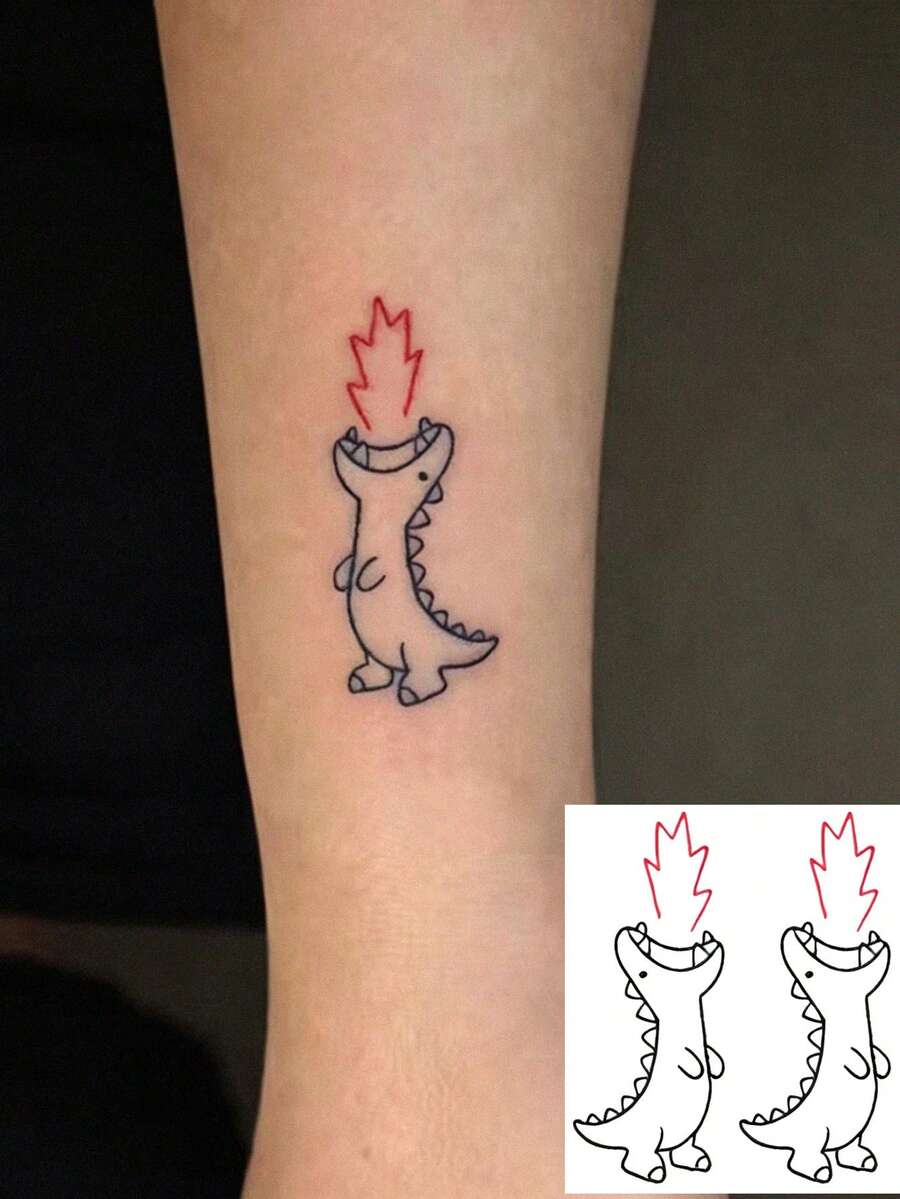 1 Sheet Cute Cartoon Fire Breathing Dinosaur Temporary Tattoo, Minimal Line Art Fake Tattoo Stickers For Wrist Body Art - Multicolor - View 1