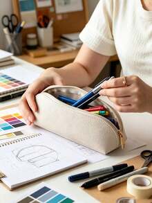 Solid Color Minimalist PU Large Capacity Pencil Case, Multi-Functional Storage Bag, Suitable For Makeup Brushes, Cosmetics And Student Stationery - Single Piece - View 8