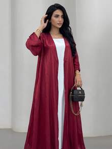 女款保守長版 Abaya 開襟長洋裝，亮線裝飾，紅色秋季款 - 紅色 - 查看 4