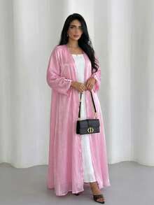 Elegant lång enfärgad morgonrock för kvinnor, modest pendlarklädsel - Rosa - Visa 4
