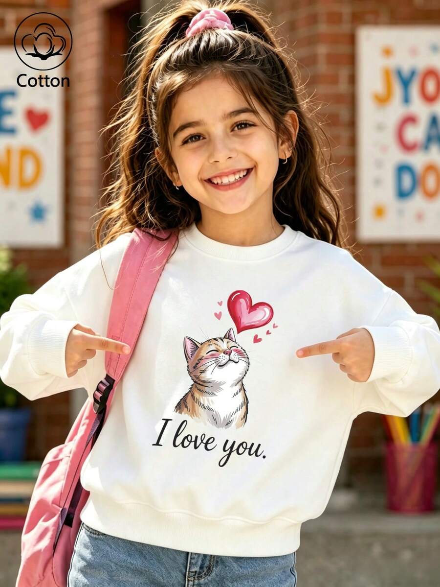 سترة "I love you" بتصميم قلب وقطة - أبيض - مشاهدة 1