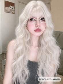 alicegarden 34-Inch Long Synthetic Wig Featuring A Natural Wavy Style In A A Stunning Champagne. Designed With Bangs , This False Hairpiece Is Perfect For Ms Daily Party Cosplay Use, Offering A Natural And Natural Durable Wig Gift For Ladies. - Champagne - View 3