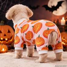 Opjoys 1pc Halloween Painted Pumpkin Print Dog Jumpsuit, Soft Healing Style Skin-Friendly Knitted Four-Legged Design Round Neck Ribbed Cuff Warm Belly Protection Anti-Shedding Pet Home Wear Spring Autumn Daily - Orange - View 5