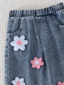 2pcs Baby Girl Cute Sweet Style 3D Towel Embroidery Floral Decor Ribbed V-Neck Cardigan Top & Washed Denim Patchwork Straight Leg Pants Set, Spring/Autumn - Mauve Purple - View 6