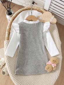 1pc Baby Girl Gentle Minimalist Bow Flutter Sleeve Stand Collar Straight Long Sleeve Dress, Thin For Spring And Autumn - Grey - View 3