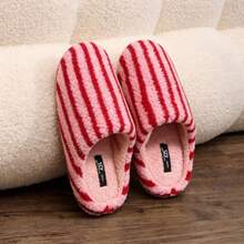 1 Pair Striped Color Block Fashion Elegant Women's Slippers, Lightweight Quiet Plush Warm Indoor Slippers For Autumn/Winter - Red - View 9