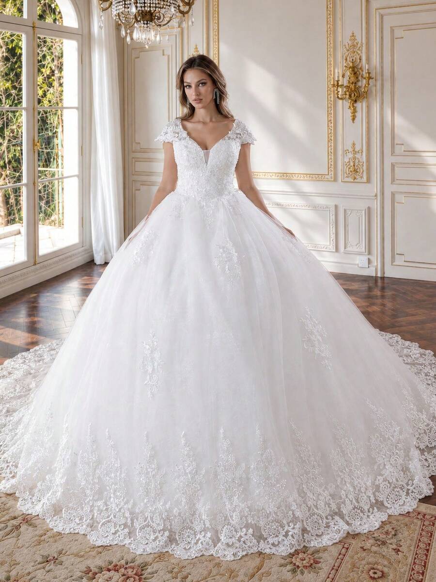 Elegant Short Sleeve V-Neck Handmade Beaded Applique Tulle Wedding Dress (Under Dress Not Included), Bridal Spring Fall