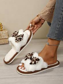 Girly Leopard Print Bow Plush Open Toe Slippers, Comfortable Indoor House Slides - Khaki - View 8