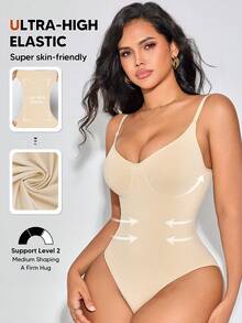 Women's Minimalist Solid Color Tummy Control Waist Shaping Bodysuit, Suitable For Layering And Innerwear - Apricot - View 5