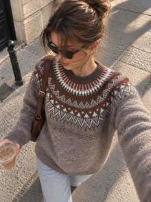 Women's Boho Pattern Brown Knit Sweater Round Neck Drop Shoulder Long Sleeve Regular Length Knitted Top For Fall & Winter - Khaki - View 1