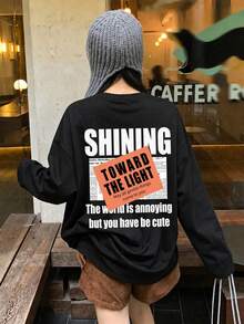 Loose Crew Neck Long Sleeve T-Shirt For Women, Minimalist Letter Print, Y2K Base Layer Top, Autumn - Black - View 1