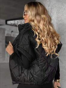 Women's Winter Quilted Vest, Stand Collar, Zipper, Short Sleeve, Pockets, Solid Color, Regular Fit, Modern Elegant Style, Padded Coat - Black - View 2