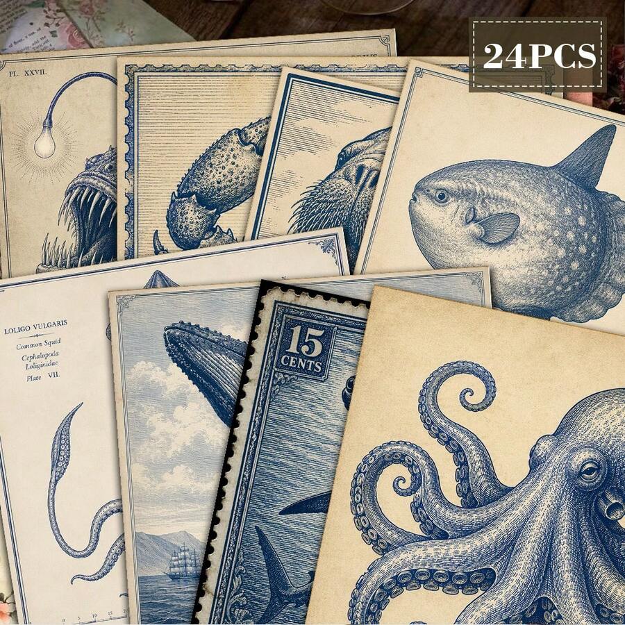 European Style Ocean Museum Scrapbook Paper 24 Sheets 6 Inch Vintage Marine Life Stamp Engraving Illustration Background Paper No Repeated Patterns Suitable For Bullet Journal Junk Journal Greeting Card Background Photo Album And Handmade DIY Crafts - Square - View 1