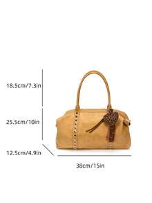 Women Retro Large Capacity Shoulder Bag, Letter Embossed Rivet Decor Hobo Handbag With Leopard Heart Pendant, Casual Commuter Underarm Tote Bag - Yellow - View 10