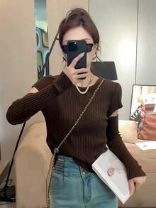 1pc Women's Slim Fit Long Sleeve Knit Top, Cutout Sleeve Design, Autumn/Winter Inner Layer Base Layer - Coffee Brown - View 2