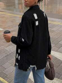 Women's Distressed Denim Shirt Jacket Outerwear - Black - View 3