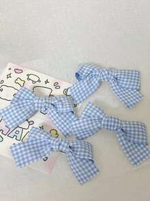 1pc Blue Plaid Bow Hair Clip, Cute Hair Accessory For Women And Girls - Blue and White - View 5