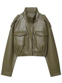 Jaket Baseball Kulit Wanita Model Pendek, Jaket Hijau dengan Resleting, Jaket Luaran Kasual Lengan Panjang untuk Musim Gugur - Hijau - View 3