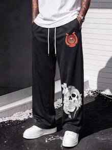 MAISONFOX Men's Pocket Drawstring Waist Casual Loose Skull Printed Long Pants,Draped Loose Fit Long Pants For Daily Wear,Sweatpants For Men,Baggy Sweatpants - Black - View 5