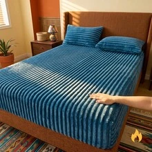 Faux Rabbit Fur Striped Fitted Sheet (Pillowcase Not Included), Thickened Warm Fleece Bed Cover For Autumn/Winter, High Elasticity Semi-Wrap Fitted Sheet, 3D Vertical Stripe Design, Soft Skin-Friendly Faux Rabbit Fur Fabric, Heat Retention And Temperature Locking, Smooth Touch And No Shedding, Tight Fit For Mattress, Elastic Band Edge, Stable And Non-Slip, Dust Protection For Mattress, Minimalist Solid Color With Multiple Options, Soft And Comfortable, Machine Washable And Anti-Pilling - Lake Blue - View 1