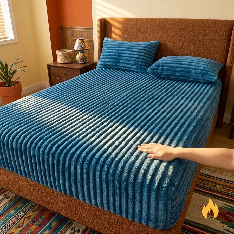 Faux Rabbit Fur Striped Fitted Sheet (Pillowcase Not Included), Thickened Warm Fleece Bed Cover For Autumn/Winter, High Elasticity Semi-Wrap Fitted Sheet, 3D Vertical Stripe Design, Soft Skin-Friendly Faux Rabbit Fur Fabric, Heat Retention And Temperature Locking, Smooth Touch And No Shedding, Tight Fit For Mattress, Elastic Band Edge, Stable And Non-Slip, Dust Protection For Mattress, Minimalist Solid Color With Multiple Options, Soft And Comfortable, Machine Washable And Anti-Pilling - Lake Blue - View 1