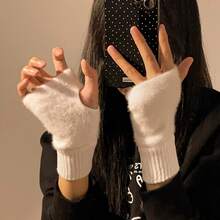 1 Pair Soft Faux Mink Fur Half-Finger Gloves, Ribbed Cuff Wrist Warmers, Unisex Autumn/Winter Knitted Touchscreen Fingerless Gloves For Daily Outdoor, Student Writing, Phone Use, Cold Protection, Versatile Christmas New Year Gift - A - View 10