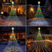 Christmas Outdoor Night Scene Decorative Lights, Solar Powered Christmas Tree Star Waterfall Lights. Top Features Exquisite Five-Pointed Star Light Head, 2M Specification, 9 Strands Of Light Lines With 198 LED Beads, Warm, Colorful, White Three Light Colors Available. Light Lines Naturally Drape To Form Waterfall Style, Presents Complete Christmas Tree Shape After Hanging, Excellent Atmosphere. - Christmas Tree Star Waterfall Lights - View 10