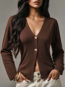 SEREN Fashion Women's Autumn/Winter Knitted Cardigan, V-Neck Long Sleeve Design With Button Details - Brown - View 3