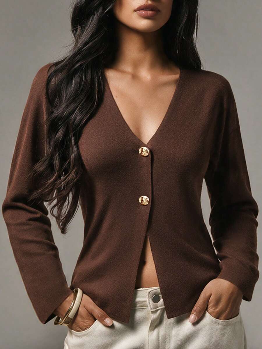 SEREN Fashion Cardigan Rajut Wanita Musim Gugur/Dingin, Desain Leher V Lengan Panjang dengan Detail Kancing - Coklat - View 1